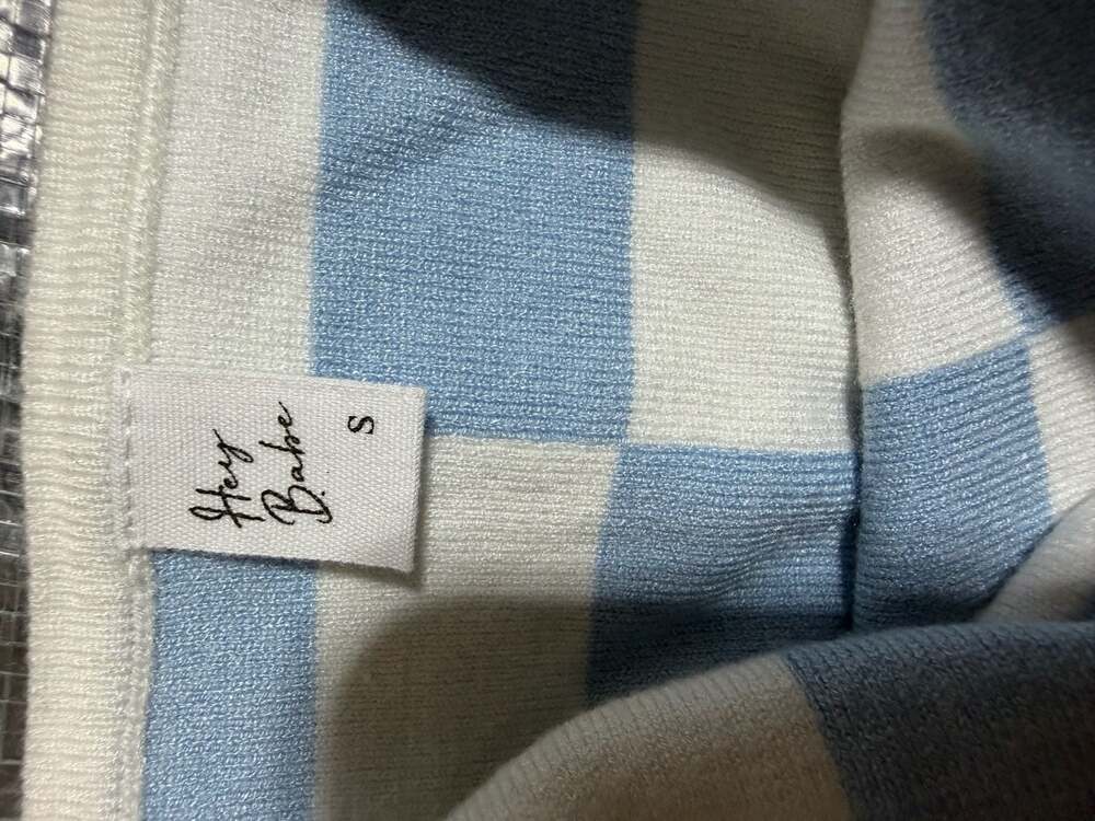 Hey Babe Blue and White Checkered Knit Crop Tank Top - Picture 3 of 3